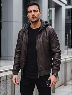 Pánska kožená zateplená bunda s kapucňou, tmavohnedá, FashionStreet TX5140