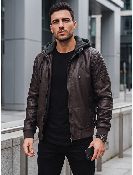 Pánska kožená zateplená bunda s kapucňou, tmavohnedá, FashionStreet TX5140 Pánska kožená zateplená bunda s kapucňou, tmavohnedá, FashionStreet TX5140