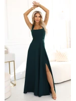 dlouhé šaty s rozparkem na nohou a výstřihem typu  lahvově zelené model 21479060 - numoco