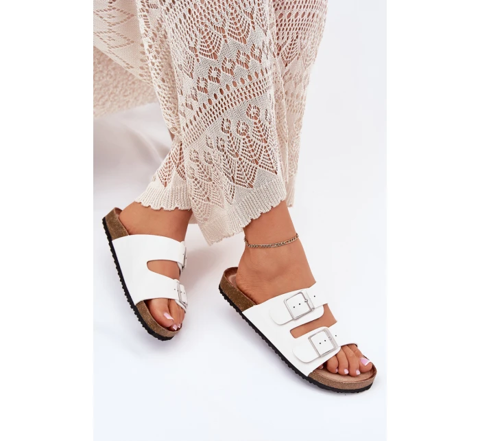 Klapki Damskie Na Korkowej Platformie Klamry Białe Evisolla Klapki Damskie Na Korkowej Platformie Klamry Białe Evisolla