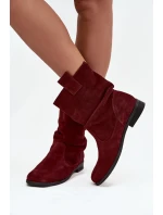 Skórzane Zamszowe Botki Damskie Z Marszczeniem Ocieplane Zazoo 4210 Bordowe