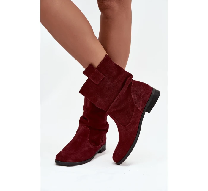 Skórzane Zamszowe Botki Damskie Z Marszczeniem Ocieplane Zazoo 4210 Bordowe