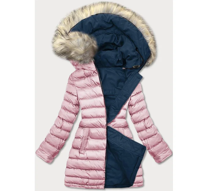 Tmavomodrá a ružová obojstranná dámska zimná bunda s kapucňou (w631) Tmavomodrá a ružová obojstranná dámska zimná bunda s kapucňou (w631)