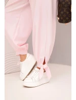 Dámske nohavice so širokými nohavicami a viazaním v spodnej časti candy pink