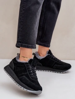 Zamszowe Sneakersy Damskie Z Futerkiem I Błyszczącym Elementem Big Star OO274580 Hi-Poly System Czarne