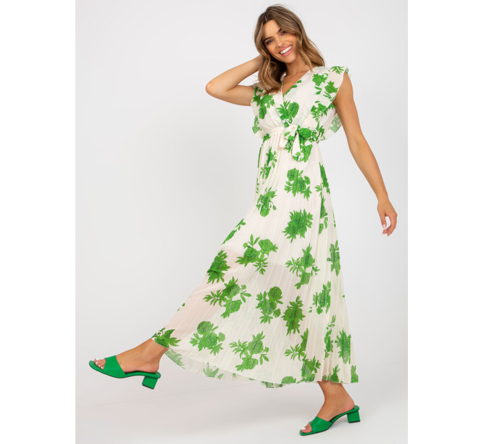 Dlhé béžovo-zelené šaty s potlačou a opaskom