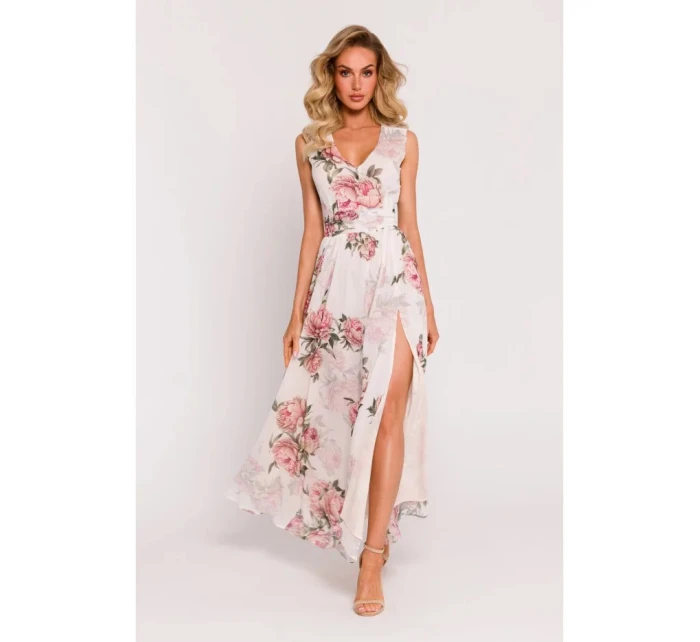 Dámské šifonové šaty model 21105543 model 2 Ecru s květy - Moe