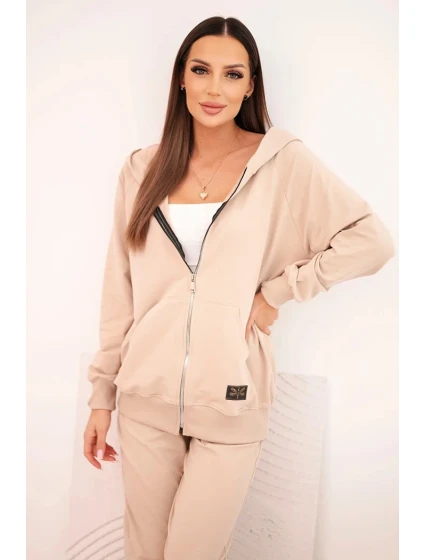 Dámská bavlněná souprava s kapucí a zipem béžová