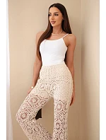 Dámske bavlnené nohavice azura so širokými nohavicami a elastickým pásom béžovej farby