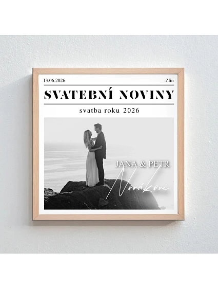 Personalizovaný magický fotob obraz v ráme – štvorcový 20x20 – svadobné noviny