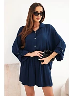 Dámske viskózové tričko s gombíkmi a voľnými šortkami tmavomodré