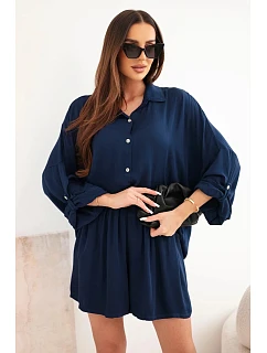 Dámske viskózové tričko s gombíkmi a voľnými šortkami tmavomodré