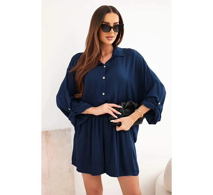 Dámske viskózové tričko s gombíkmi a voľnými šortkami tmavomodré