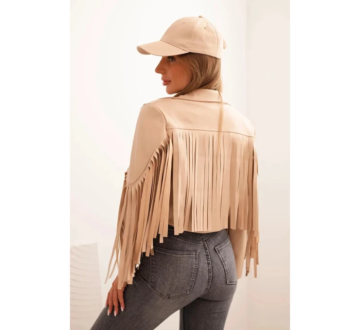 Dámska bunda z ekokože v boho štýle so strapcami svetlo ťavej farby Dámska bunda z ekokože v boho štýle so strapcami svetlo ťavej farby