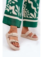 Klapki Damskie Na Platformie Ze Złotymi Klamrami Beżowe Wernone