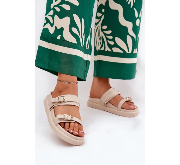 Klapki Damskie Na Platformie Ze Złotymi Klamrami Beżowe Wernone