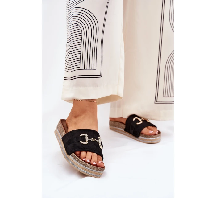 Klapki Damskie Na Platformie Ze Złotą Ozdobą I Brokatem Czarne Morisela Klapki Damskie Na Platformie Ze Złotą Ozdobą I Brokatem Czarne Morisela