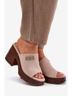 Klapki Damskie Na Masywnym Obcasie Ze Złotym Detalem Vinceza 17400 Beżowe