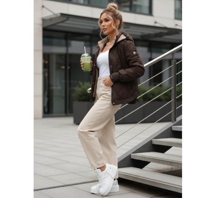 Dámska prechodná prešívaná bunda s kapucňou hnedá FashionStreet TY5616