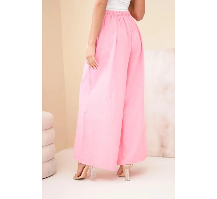 Dámské široké bavlněné kalhoty s gumou v pase cukrově růžová