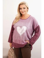 Dámská mikina Plus Size bavlněná s potiskem srdce a šňůrkami tmavě růžová