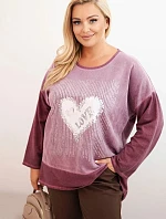 Dámske Plus veľkosť bavlnená mikina s potlačou srdca a šnúrkami tmavoružová