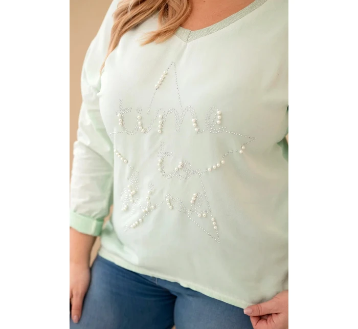 Dámská blůza Plus Size s potiskem a perličkami mátová