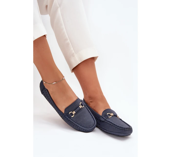 Mokasyny Damskie Ażurowe Z Ozdobą Granatowe Kaydance