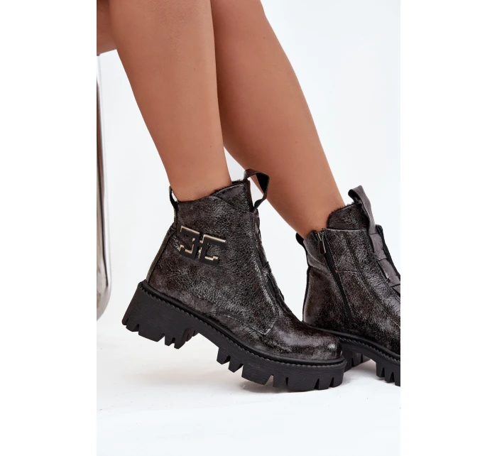 Skórzane Lakierowane Botki Damskie Z Ozdobą Ocieplane Artiker 57C2081 Grafitowe