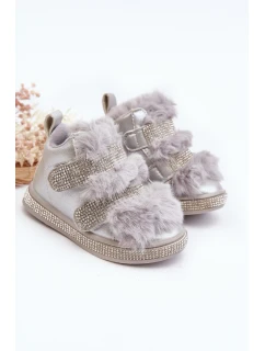 Skórzane Dziecięce Śniegowce Ocieplane Srebrne Leela