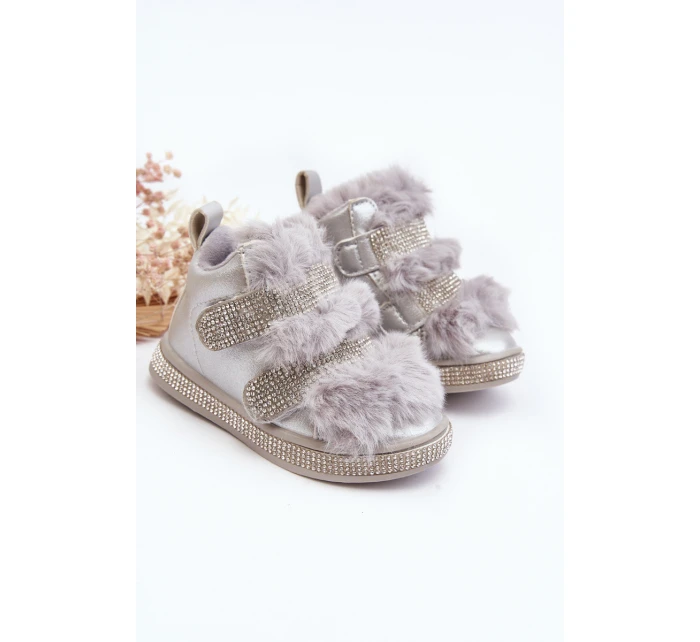 Skórzane Dziecięce Śniegowce Ocieplane Srebrne Leela Skórzane Dziecięce Śniegowce Ocieplane Srebrne Leela