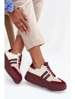 Skórzane Sneakersy Damskie Na Platformie Zazoo 3775 Beżowo-Bordowe