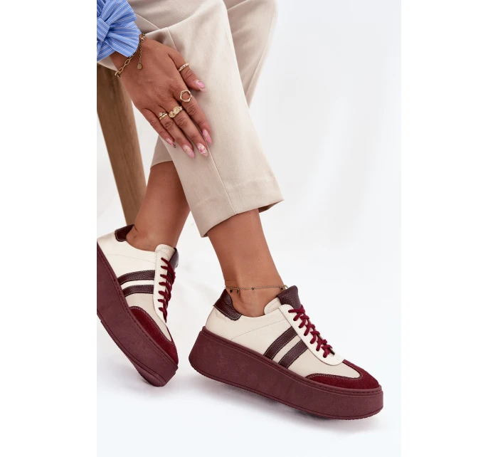 Skórzane Sneakersy Damskie Na Platformie Zazoo 3775 Beżowo-Bordowe
