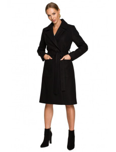M708 Fleecový kabát s opaskom a vreckami - čierny