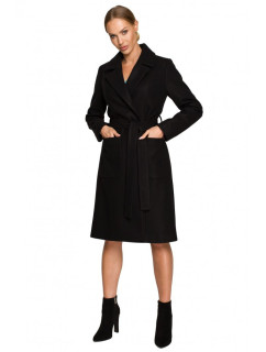 M708 Fleecový kabát s opaskom a vreckami - čierny