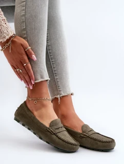 Klasické dámske semišové mokasíny tmavozelenej farby Glimris