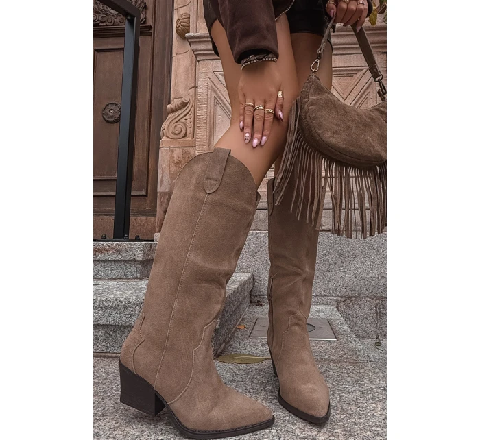 Dámske zateplené kožené kovbojské topánky Urselle - khaki Dámske zateplené kožené kovbojské topánky Urselle - khaki