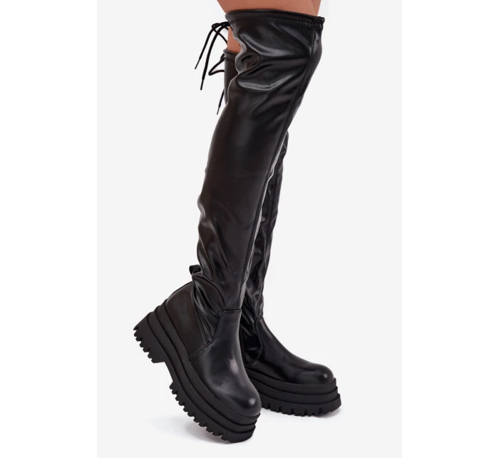 Kozaki Damskie Za Kolano Na Masywnej Platformie Czarne Erisna