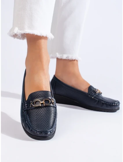 Vynikajúce modré dámske mokasíny na klin Vynikajúce modré dámske mokasíny na klin