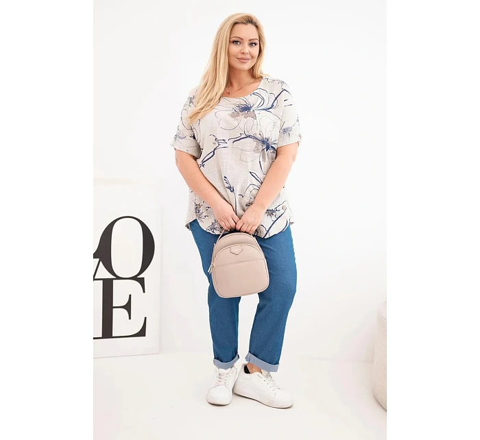 Dámská bavlněná halenka Plus Size s krátkým rukávem a kapsou béžová