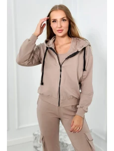 Set 3 v 1 mikina + top + nohavice tmavo béžová