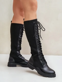 Sznurowane Kozaki Z Elastyczną Cholewką Czarne Vamilena
