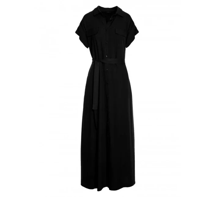S364 Viskózové maxi košeľové šaty - čierne S364 Viskózové maxi košeľové šaty - čierne