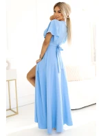 dlouhé šaty s rozparkem na rukávy a výstřihem MODRÉ model 20959370 - numoco