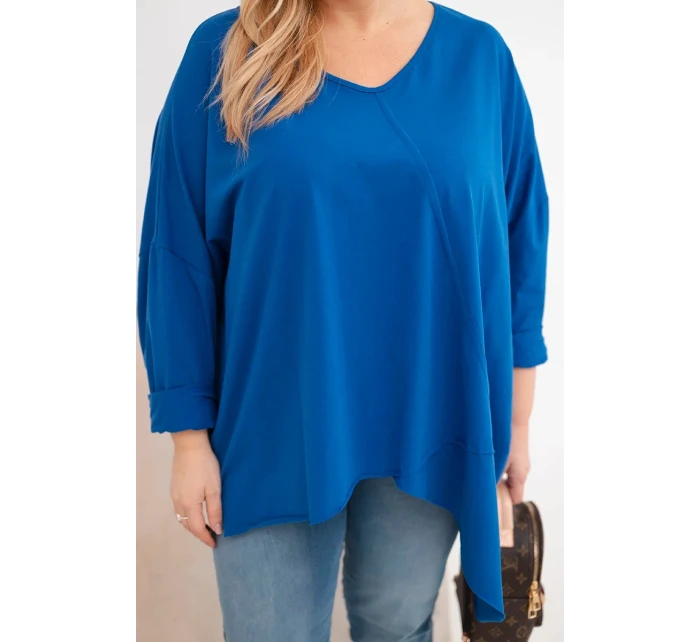 Dámská bavlněná blůza Plus Size s asymetrickým lemem a výstřihem do V chabrová