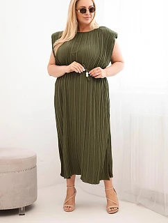 Dámské viskózové plisované šaty Plus Size s vázáním khaki