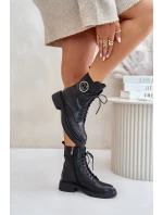 Skórzane Botki Workery Ocieplane Na Zamek Z Ozdobą Czarne Lorevine
