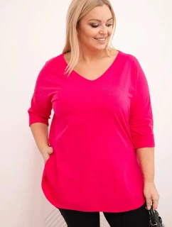Dámská bavlněná blůza Plus Size s výstřihem do V a ohrnutým rukávem fuchsie