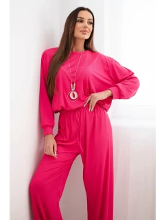 Dámský komplet viskózová mikina s přívěskem a široké kalhoty fuchsie