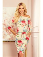 Dámske športové šaty s kapsičkami - béžový ľan a červené kvety 13-121 Dámske športové šaty s kapsičkami - béžový ľan a červené kvety 13-121